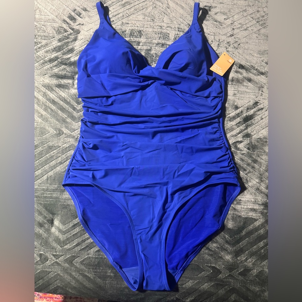 NWT Popilush Shapewear Ruched Cross-Front Sculpting One-Piece Swimsuit XXL BLUE